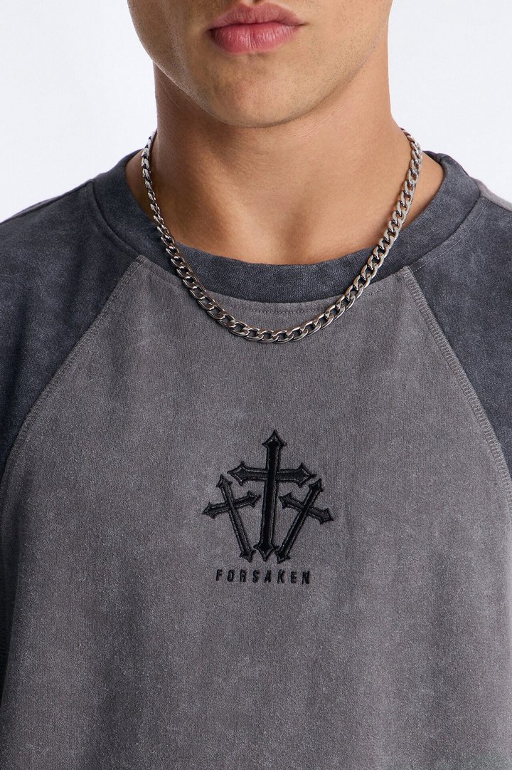 Forsaken Embroidery Paneled Fleece Tee - Grey