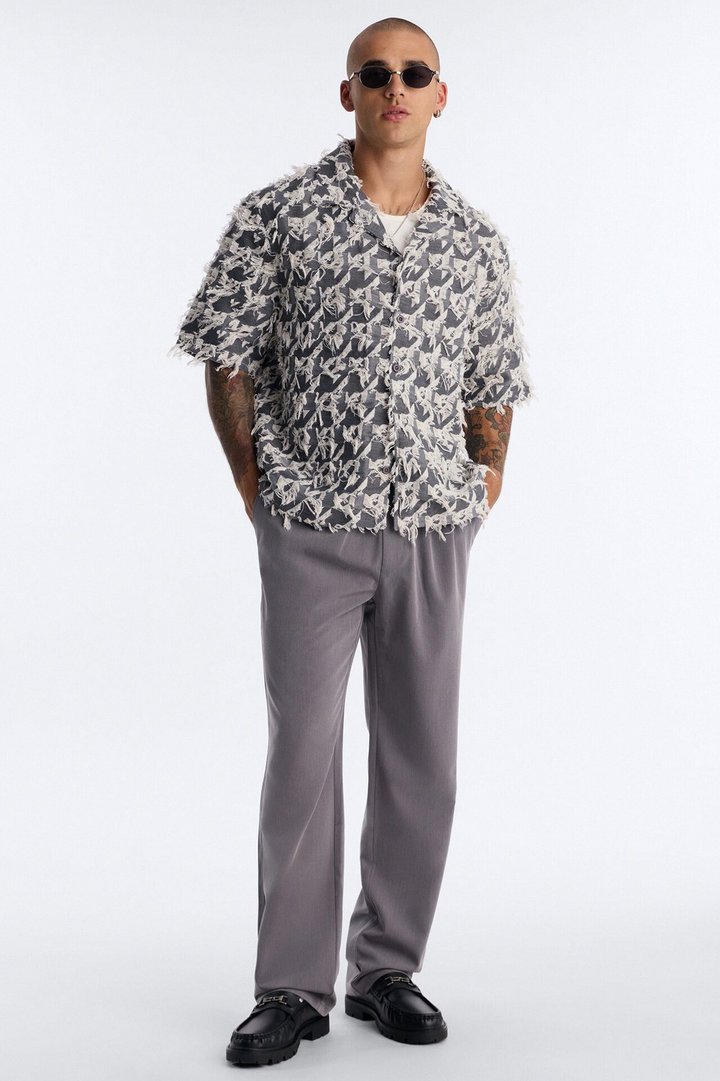 Relaxed Houndstooth Nomad Cuban Collar Button Up Shirt - Grey