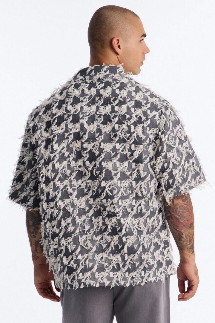 Relaxed Houndstooth Nomad Cuban Collar Button Up Shirt - Grey