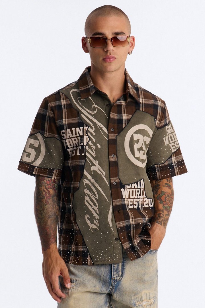 Saints Tears Plaid Button Up Shirt - Brown/combo