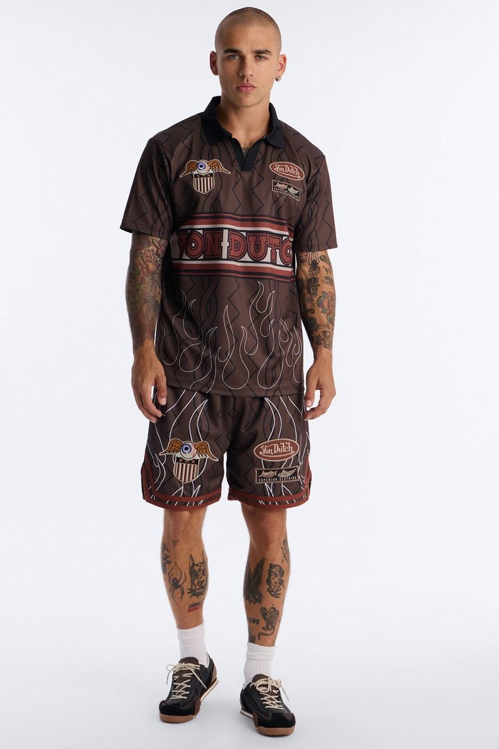 Von Dutch Flame Embroidery Patch Johnny Collar Soccer Jersey - Chocolate