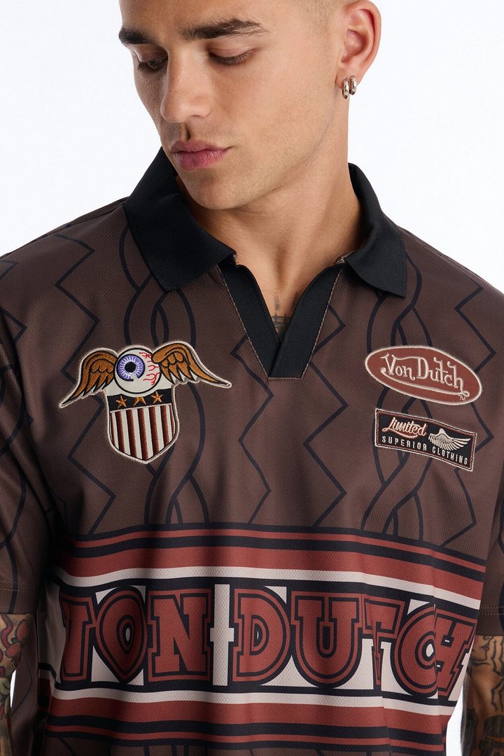 Von Dutch Flame Embroidery Patch Johnny Collar Soccer Jersey - Chocolate
