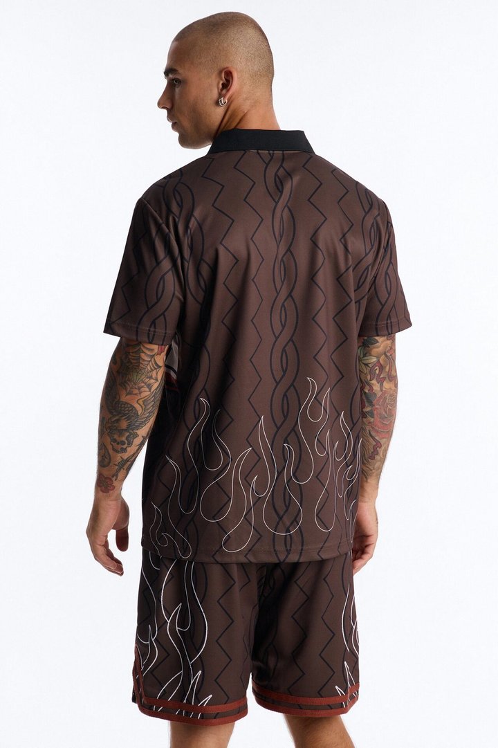 Von Dutch Flame Embroidery Patch Johnny Collar Soccer Jersey - Chocolate