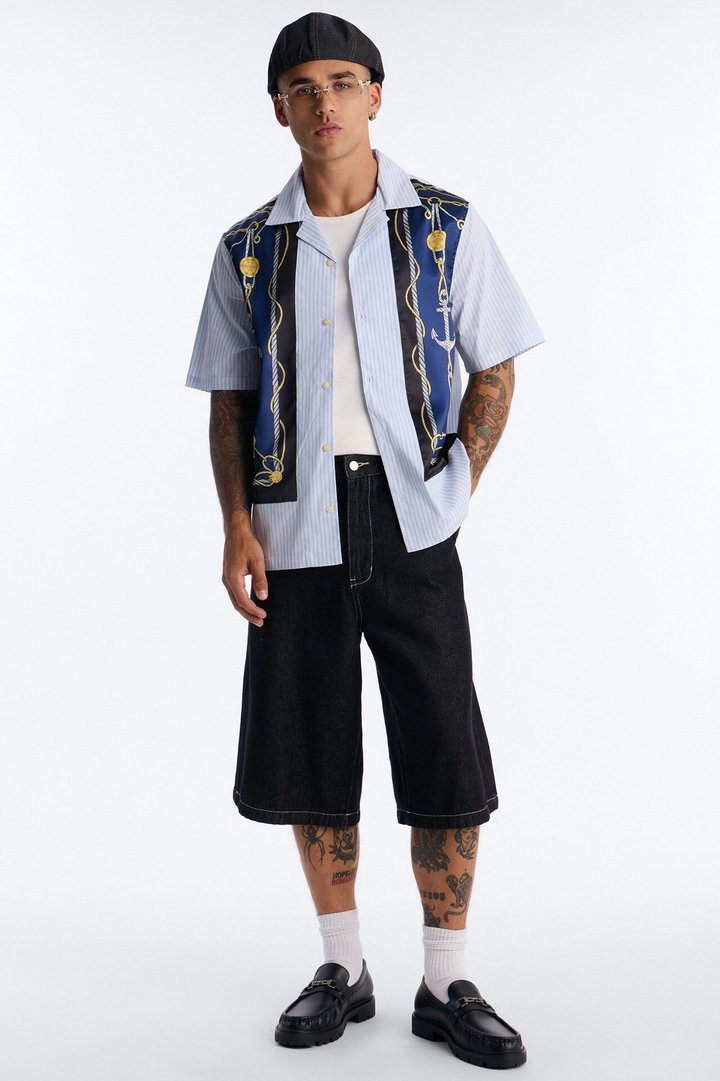 Gilded Anchor Cuban Collar Button Up Shirt - Blue/combo