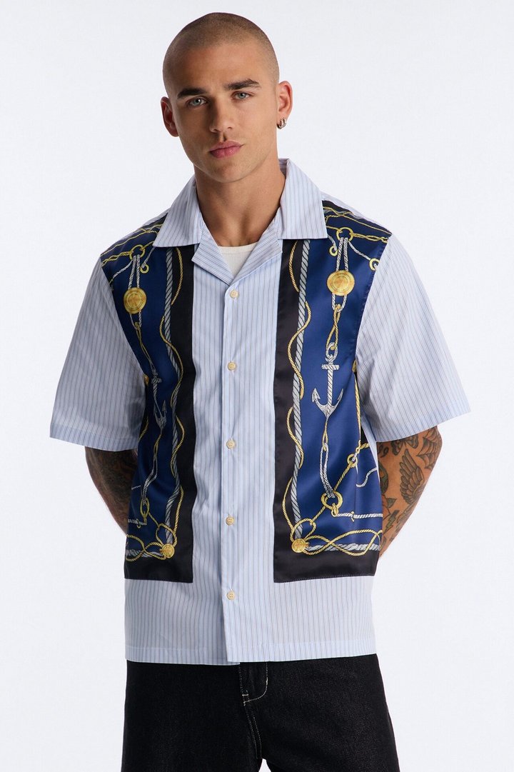 Gilded Anchor Cuban Collar Button Up Shirt - Blue/combo