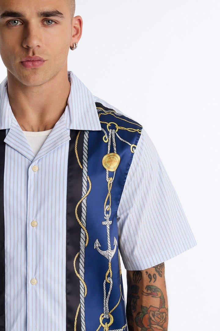 Gilded Anchor Cuban Collar Button Up Shirt - Blue/combo
