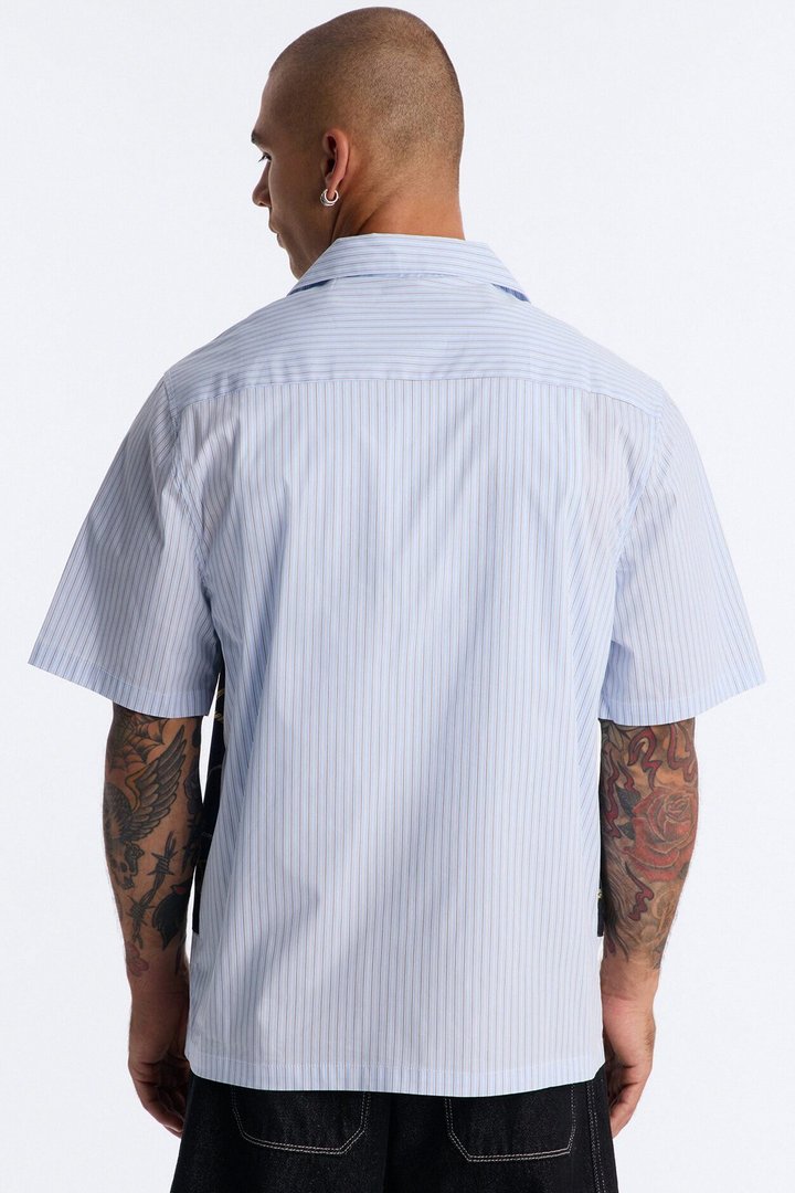 Gilded Anchor Cuban Collar Button Up Shirt - Blue/combo