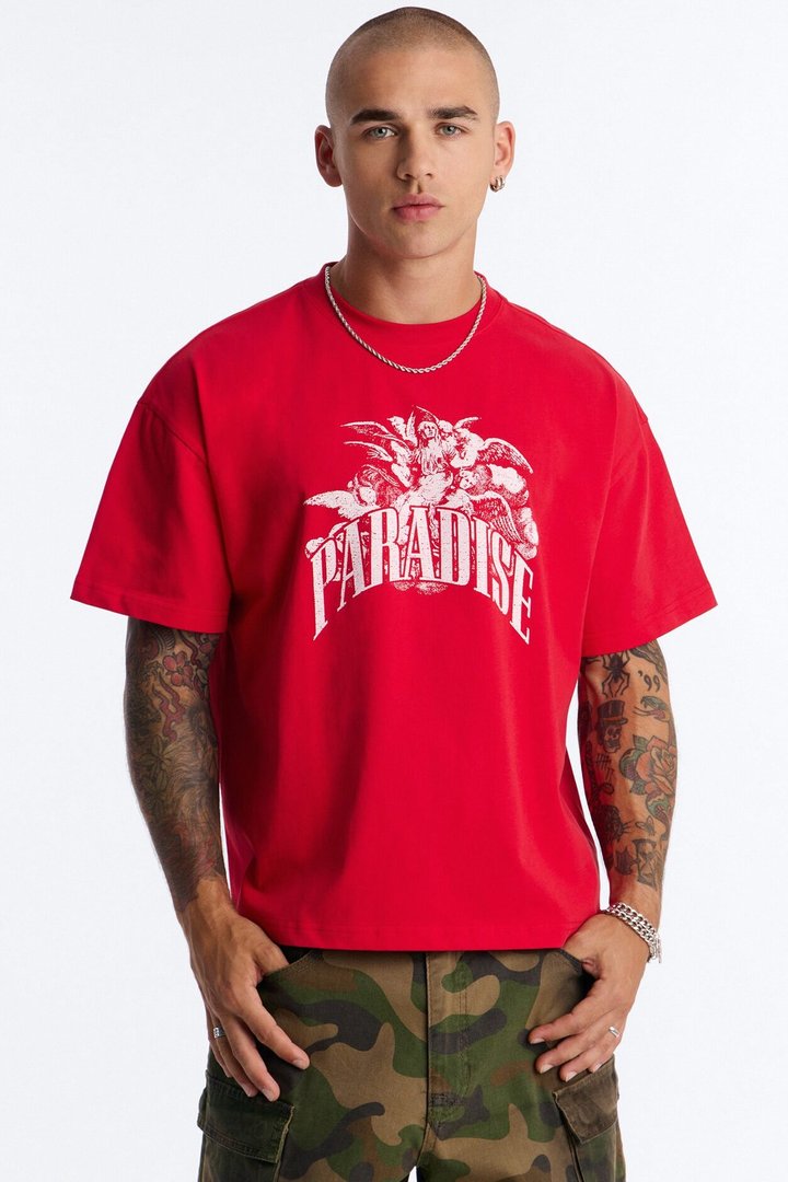 Paradise Flight To Heaven Heavy Weight Oversized Short Sleeve Tee - Red