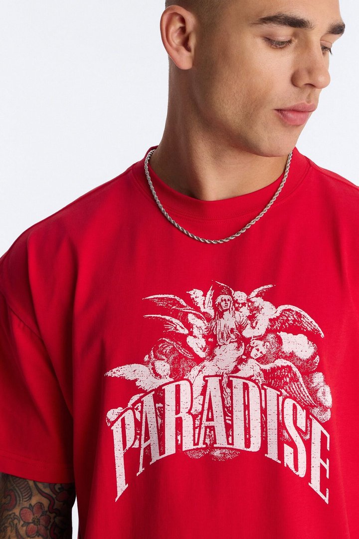 Paradise Flight To Heaven Heavy Weight Oversized Short Sleeve Tee - Red