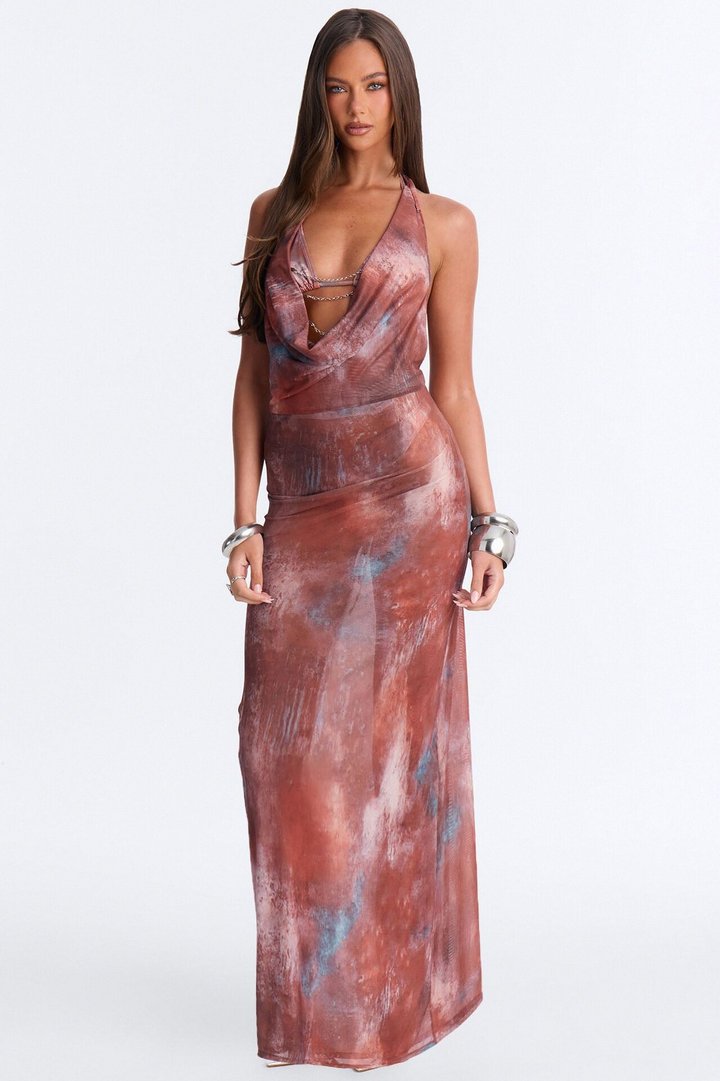 Alia 3 Piece Tie Dye Triangle Bikini & Chain Cover Up Halter Maxi Dress Sunsuit - Multi Color
