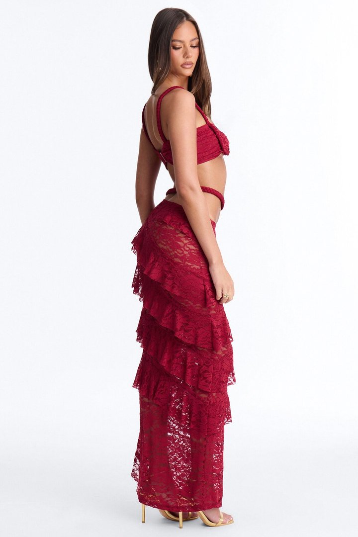 Ruby Ruffle Lace Skirt Set - Burgundy