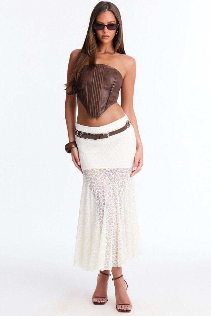Jade Belted Lace Midi Skirt - Ivory