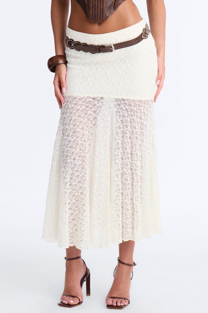 Jade Belted Lace Midi Skirt - Ivory