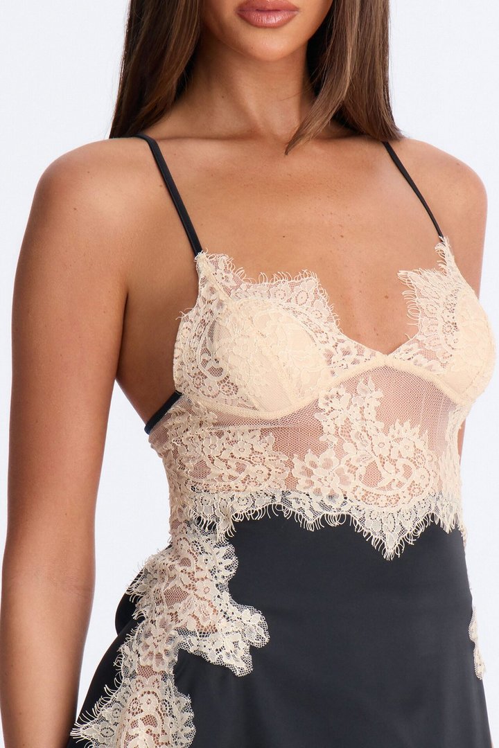 Anastasia Lace Trim Satin Micro Mini Dress - Black