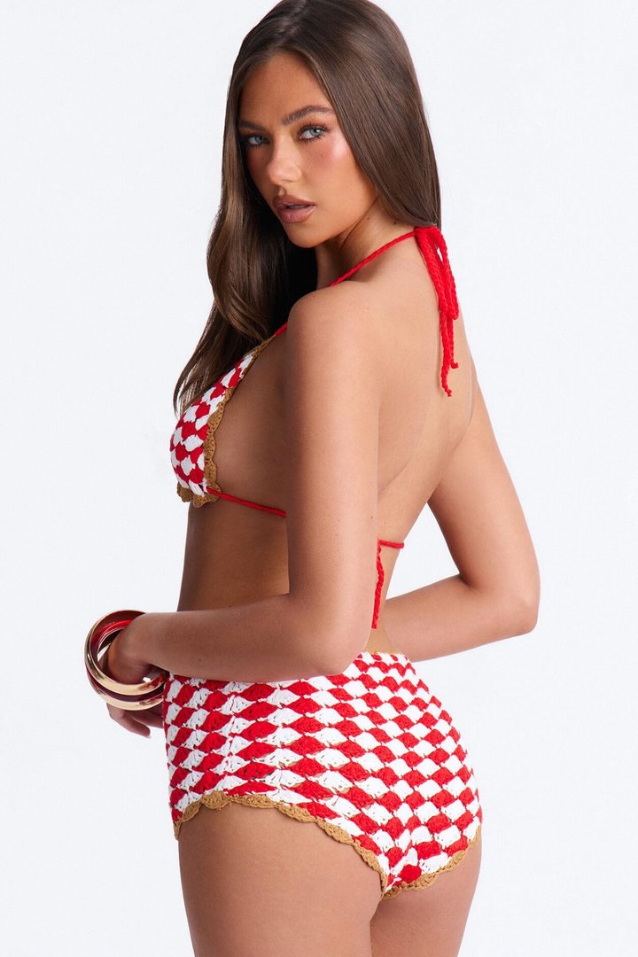 Sabine Gingham 2 Piece Crochet Triangle Bikini & Boyshort Bottom Set - Red/combo
