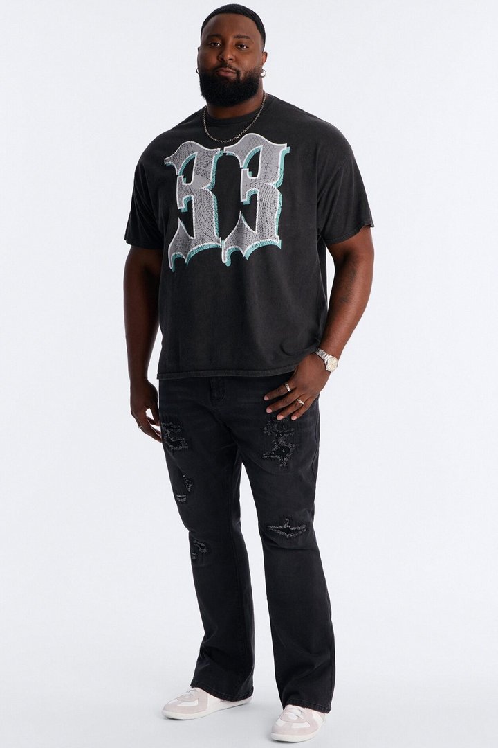 Stacked Skinny Flare Etched Distress Jeans - Black Wash