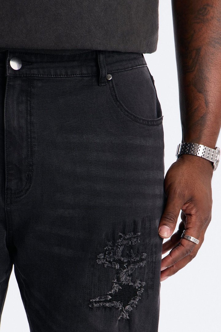 Stacked Skinny Flare Etched Distress Jeans - Black Wash