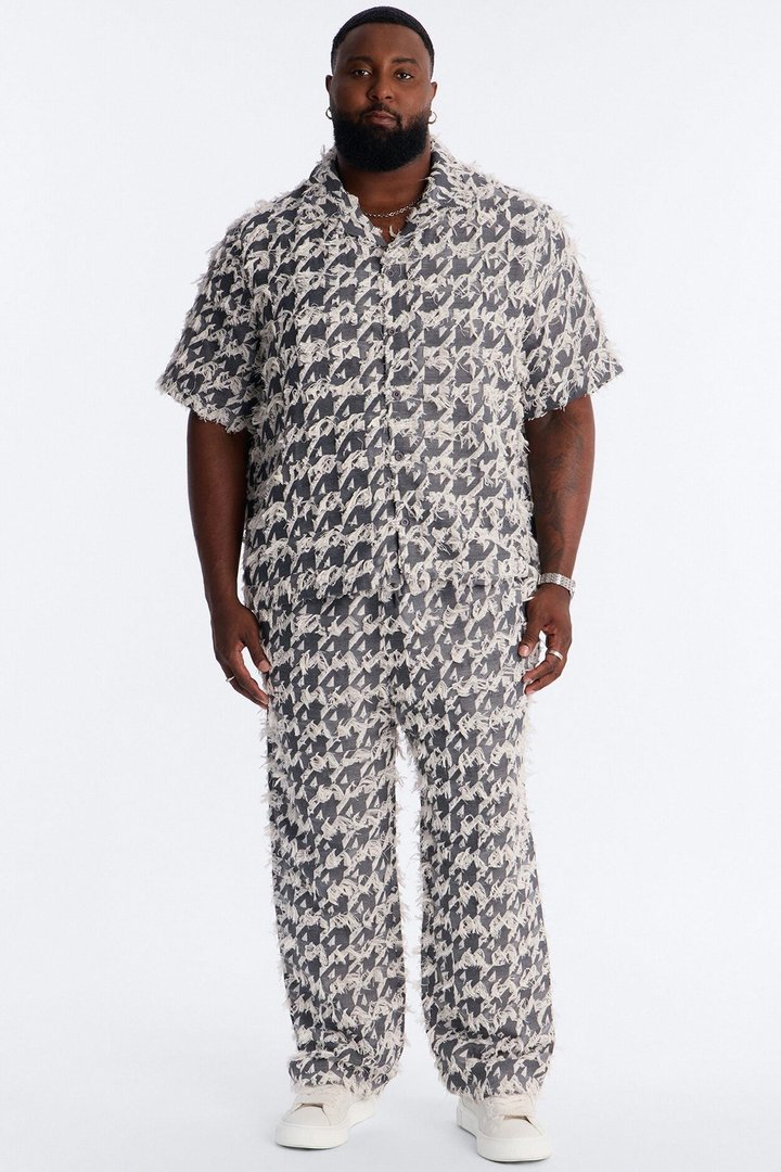 Relaxed Houndstooth Nomad Cuban Collar Button Up Shirt - Grey