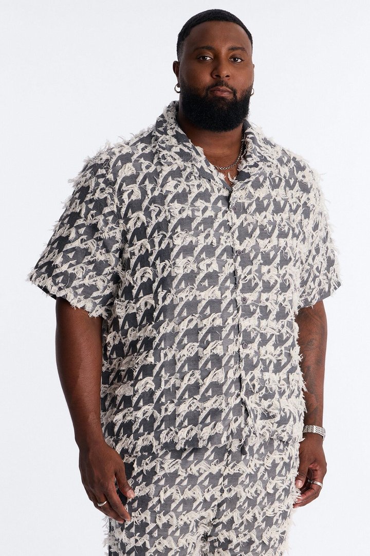 Relaxed Houndstooth Nomad Cuban Collar Button Up Shirt - Grey