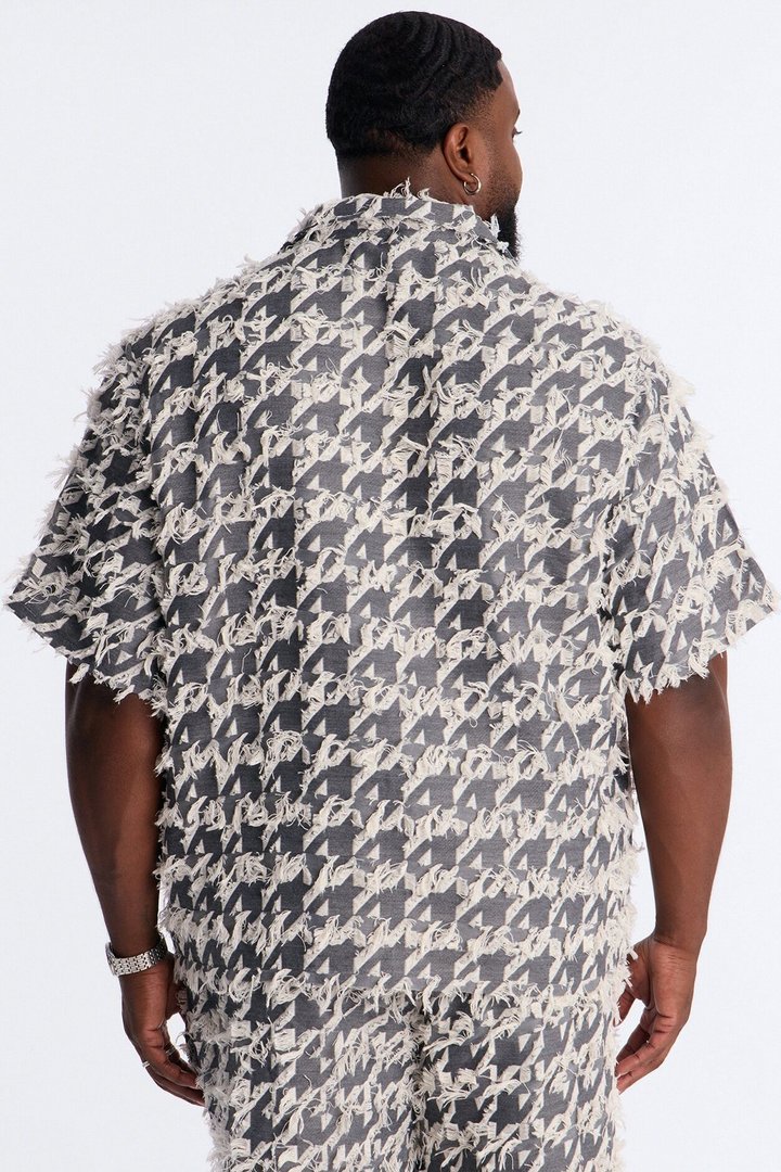 Relaxed Houndstooth Nomad Cuban Collar Button Up Shirt - Grey