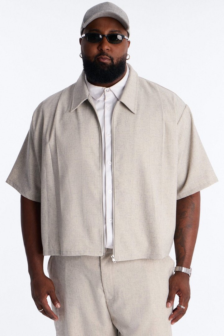 Maison Tailored Boxy Cropped Zip Up Shirt - Khaki