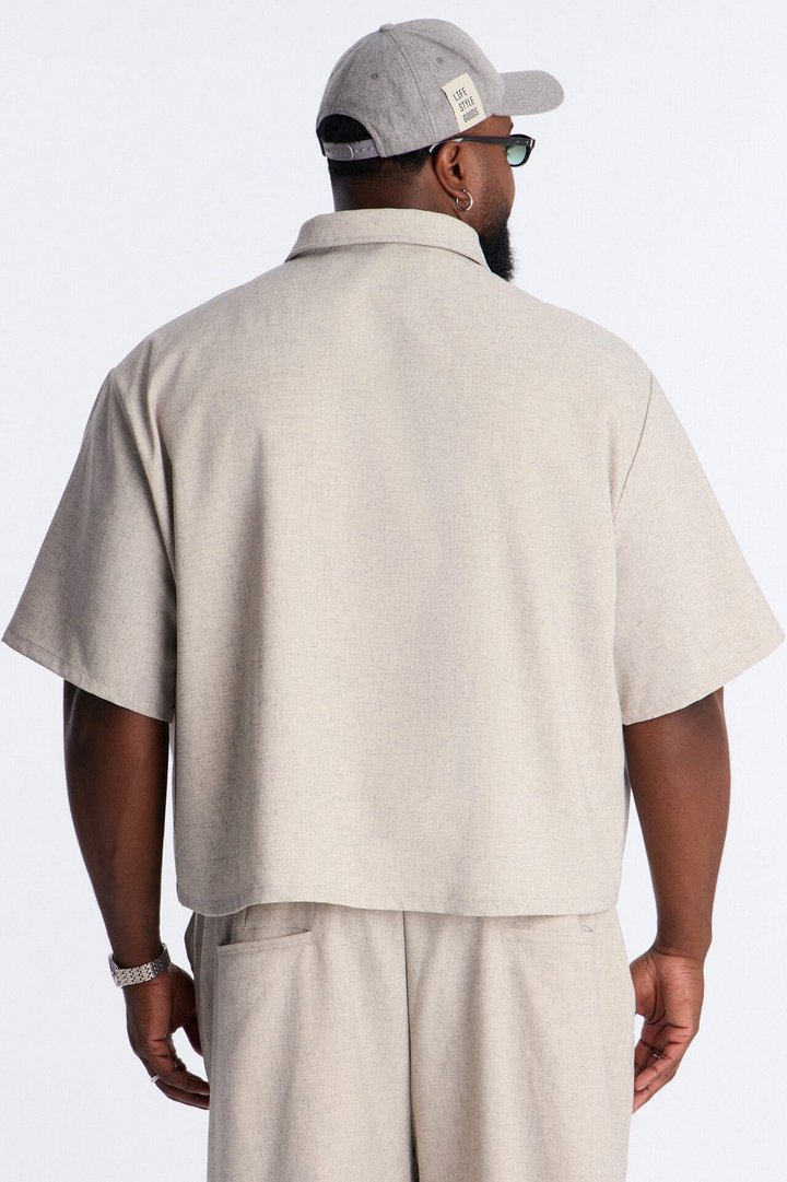 Maison Tailored Boxy Cropped Zip Up Shirt - Khaki