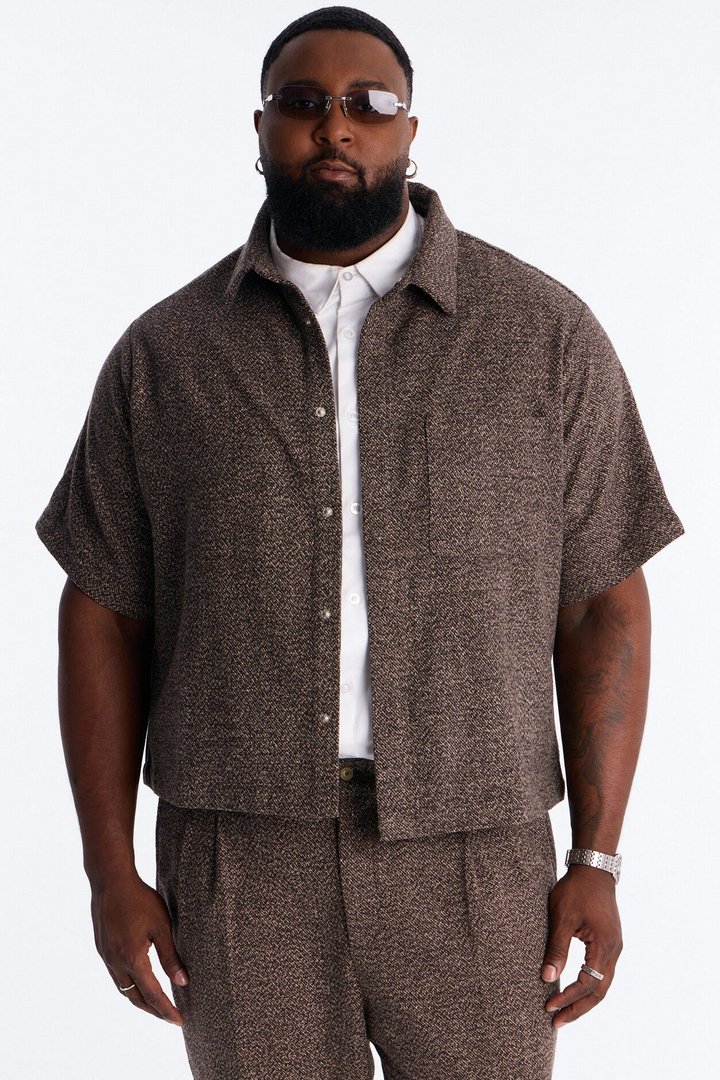 Heathered Faux Wool Button Up Shirt - Brown/combo