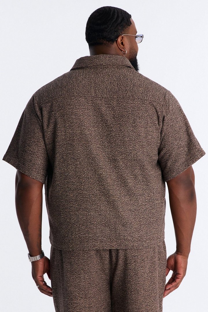 Heathered Faux Wool Button Up Shirt - Brown/combo