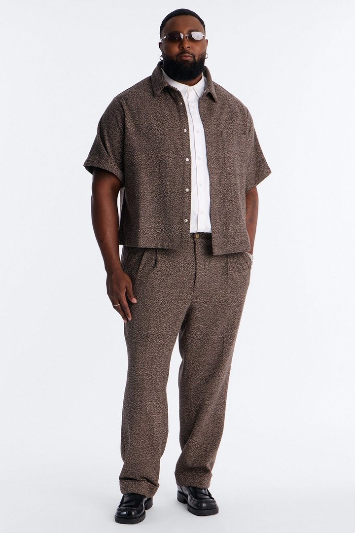 Straight Heathered Faux Wool Cuffed Trouser - Brown/combo