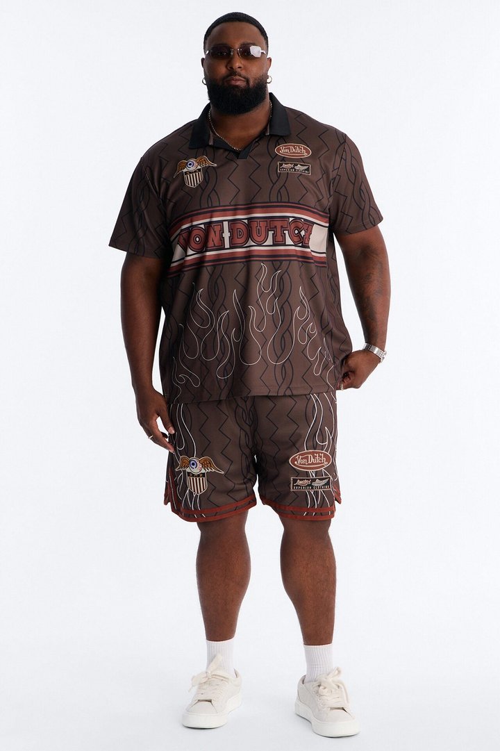 Von Dutch Flame Embroidery Patch Johnny Collar Soccer Jersey - Chocolate