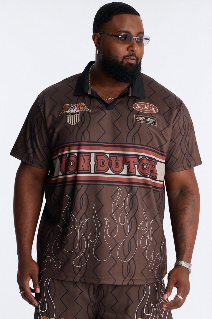 Von Dutch Flame Embroidery Patch Johnny Collar Soccer Jersey - Chocolate