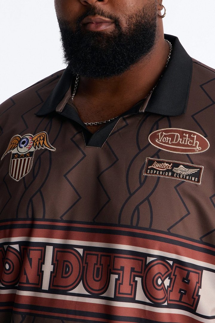 Von Dutch Flame Embroidery Patch Johnny Collar Soccer Jersey - Chocolate