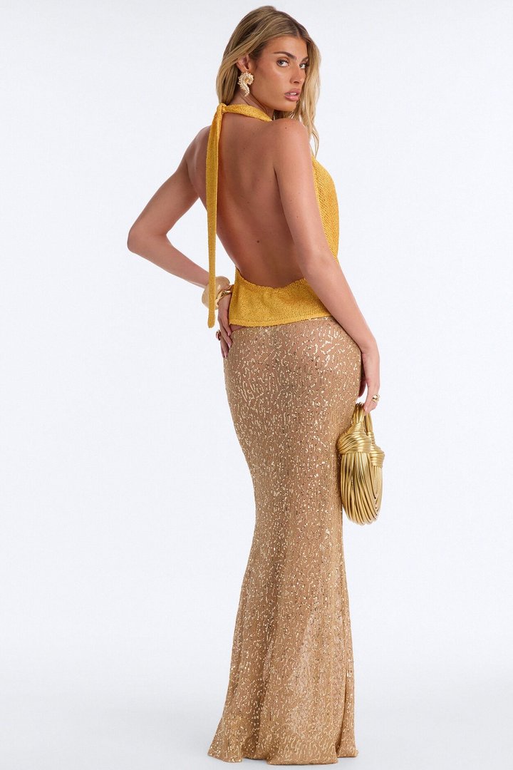 Chasing Sunsets Cowl Neck Crochet Halter Top - Mustard