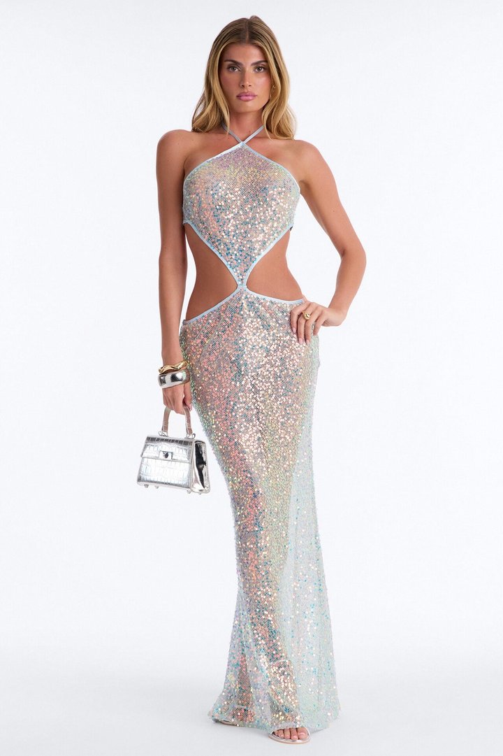 Tropic Sequin Crochet Maxi Dress - Aqua