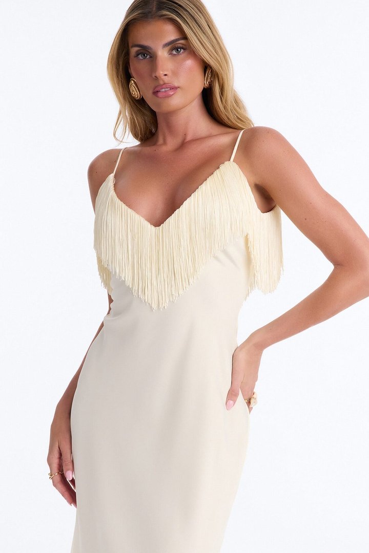 Brielle Satin Fringe Maxi Dress - Ivory