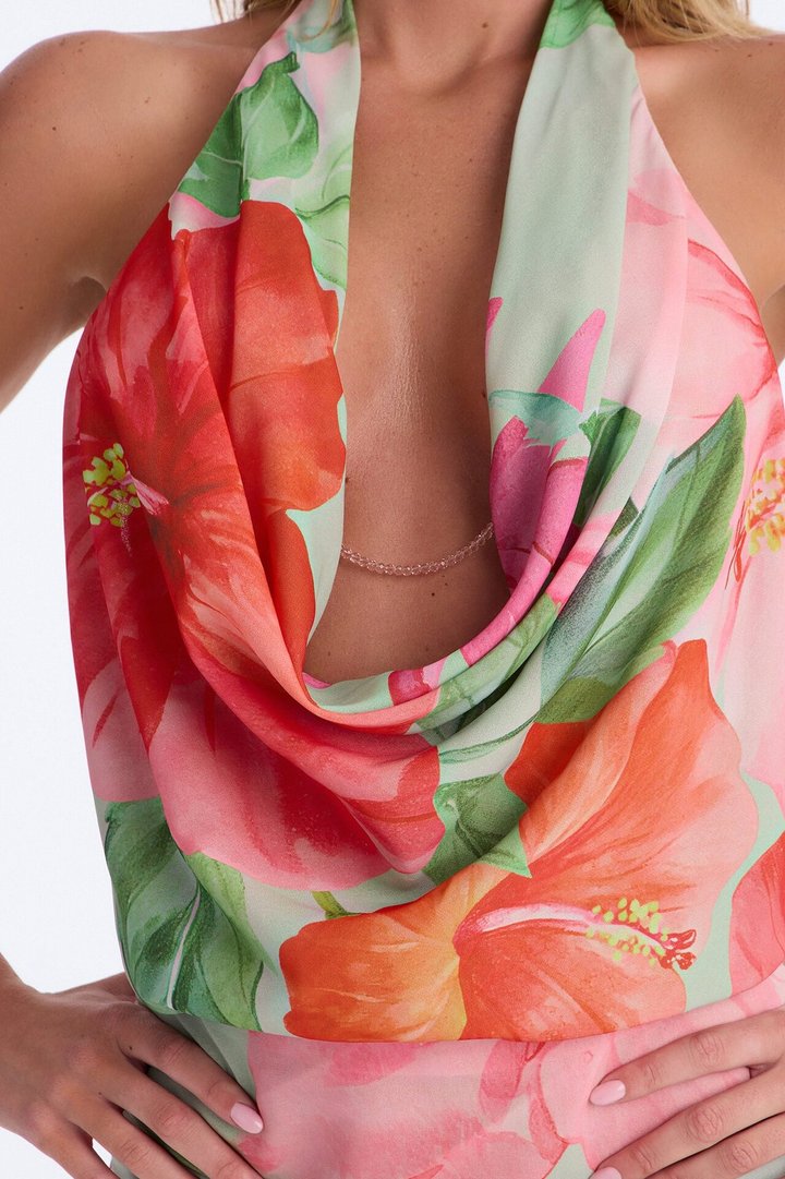 Island Girl Chiffon Cowl Neck Mini Dress - Green/combo