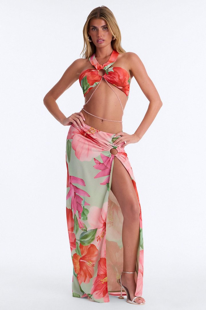 Island Girl Chiffon Maxi Skirt Set - Green/combo