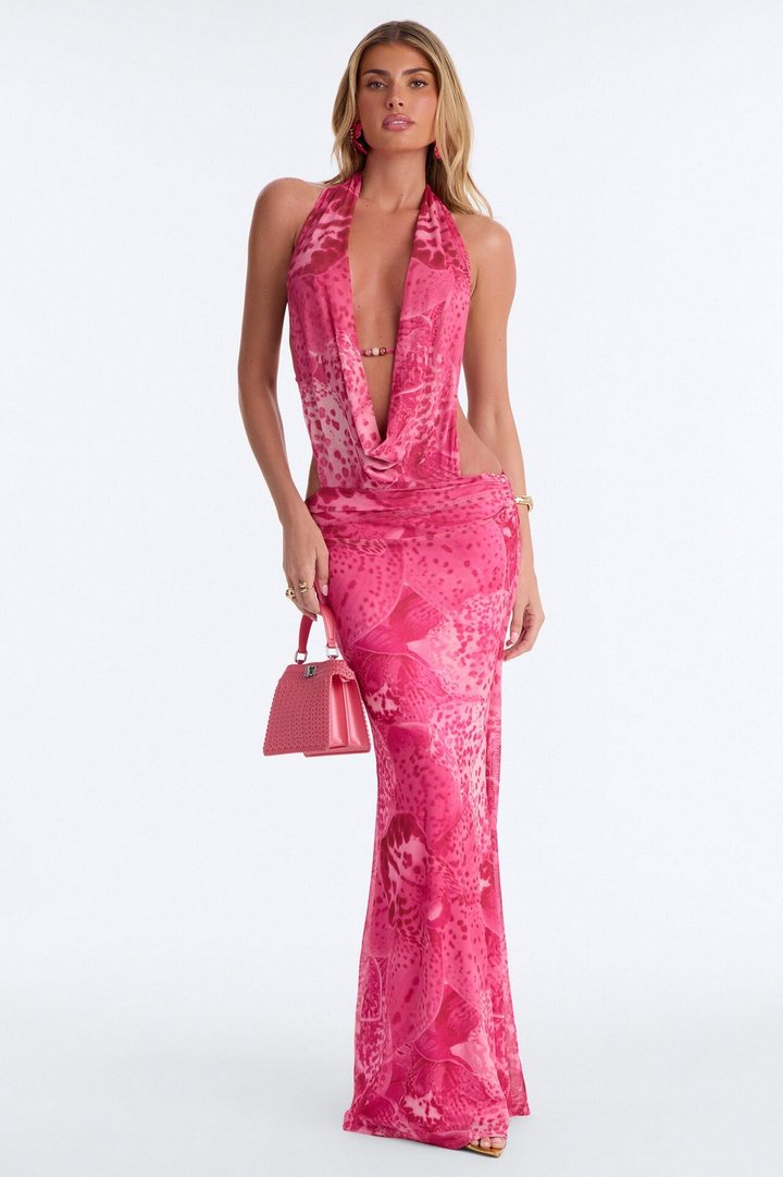 Vacay Mode Backless Mesh Maxi Dress - Pink