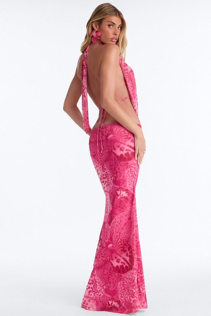 Vacay Mode Backless Mesh Maxi Dress - Pink