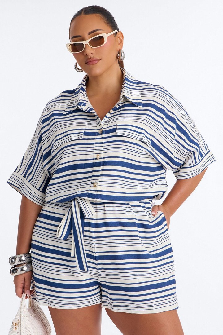 Stilia Striped Collar Linen Romper - Navy