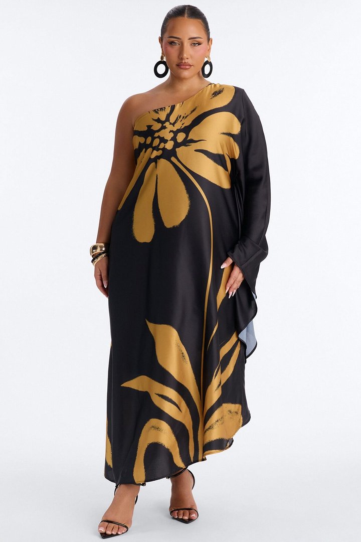 Gentle Glow Satin Kaftan Maxi Dress - Black/Gold
