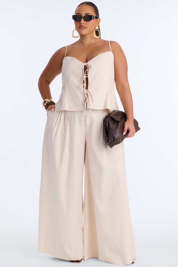 Nikki Tie Front Pleated Pant Set - Oatmeal