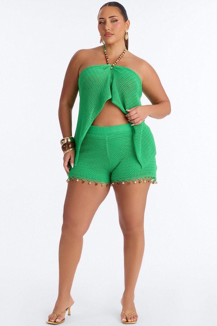 Island Tease Crochet Halter Short Set - Green
