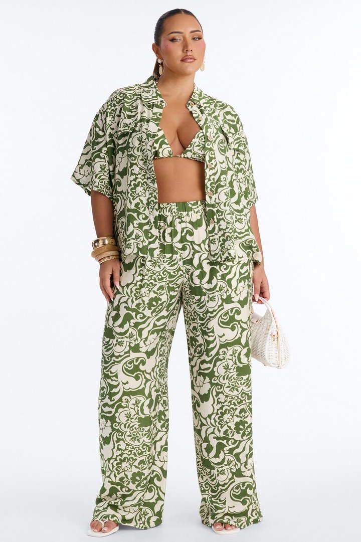 Urban Jungle Linen 3 Piece Pant Set - Green/combo