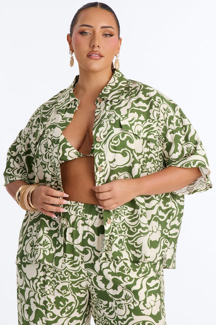 Urban Jungle Linen 3 Piece Pant Set - Green/combo