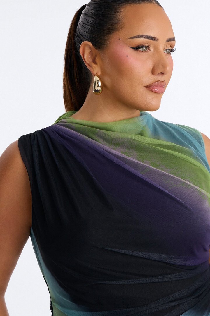 Paloma Mesh Mock Neck Ruched Sleeveless Top - Multi Color