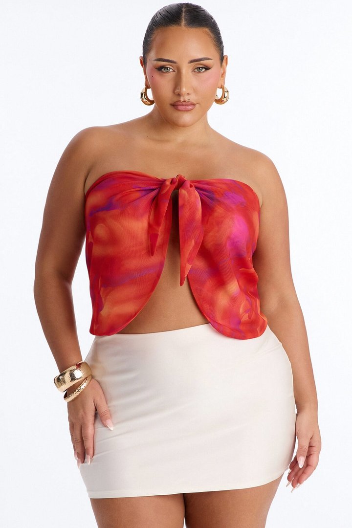 Bali Mornings Chiffon Tie Front Scarf Top - Red/combo