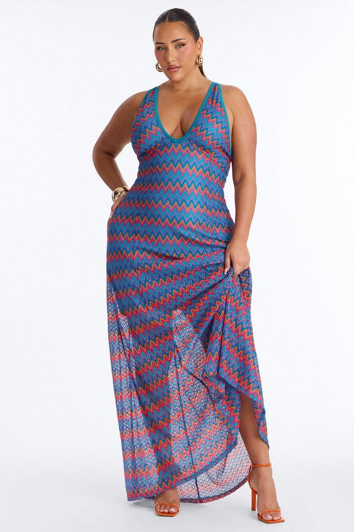 Cabella Chevron Crochet Maxi Dress - Teal/combo