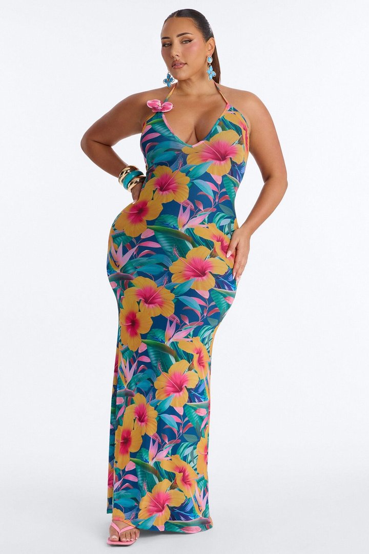 Malia Halter Mesh Maxi Dress - Blue/combo