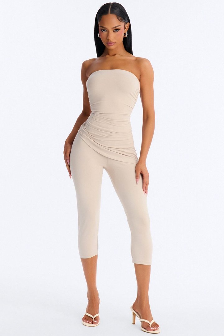 Quinn Asymmetrical Ruched Tube Top - Stone